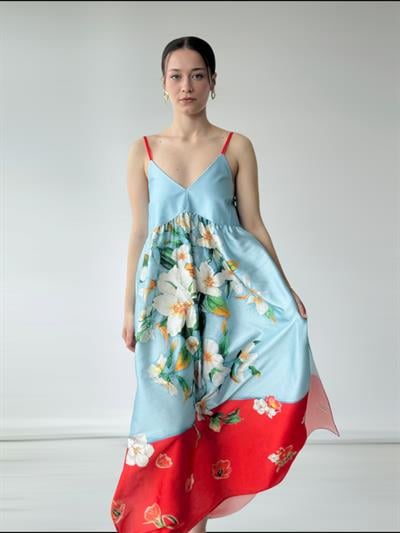 Retrobird Design June Pomegranate Colored Strap Satin Slit Dress