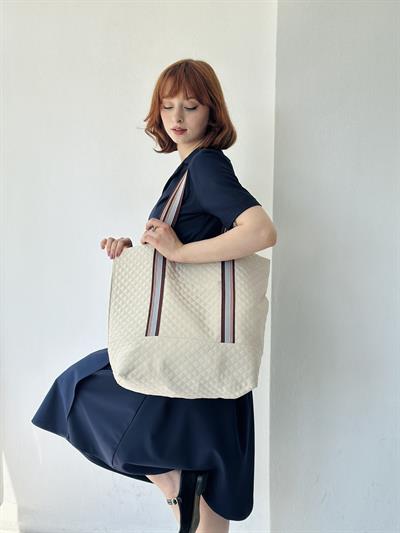 Retrobird Design Quilted Cream Tote Bag Shopping Bag