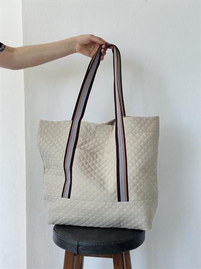 Retrobird Design Quilted Cream Tote Bag Shopping Bag