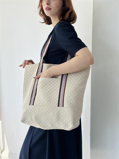Retrobird Design Quilted Cream Tote Bag Shopping Bag
