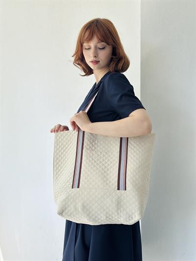 Retrobird Design Quilted Cream Tote Bag Shopping Bag