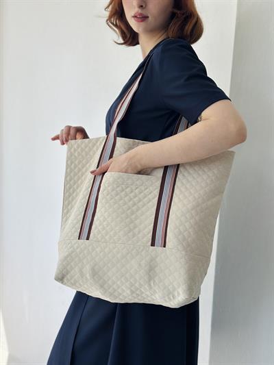 Retrobird Design Quilted Cream Tote Bag Shopping Bag