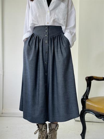 Retrobird Tasarım Korse Vurgulu Önden Düğmeli Pileli Koyu Mavi Midi Etek