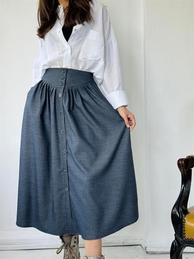 Retrobird Tasarım Korse Vurgulu Önden Düğmeli Pileli Koyu Mavi Midi Etek