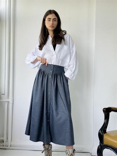 Retrobird Tasarım Korse Vurgulu Önden Düğmeli Pileli Koyu Mavi Midi Etek