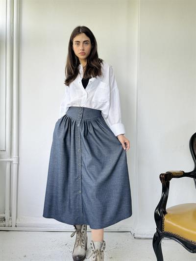 Retrobird Tasarım Korse Vurgulu Önden Düğmeli Pileli Koyu Mavi Midi Etek