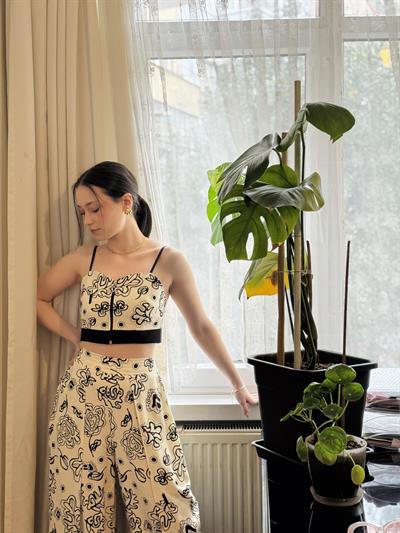 Retrobird Tasarım Krem-Siyah Önden Fermuarlı Büstiyer