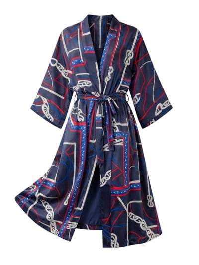 Retrobird Tasarım Marin Zincir Desen Lacivert Uzun Kimono