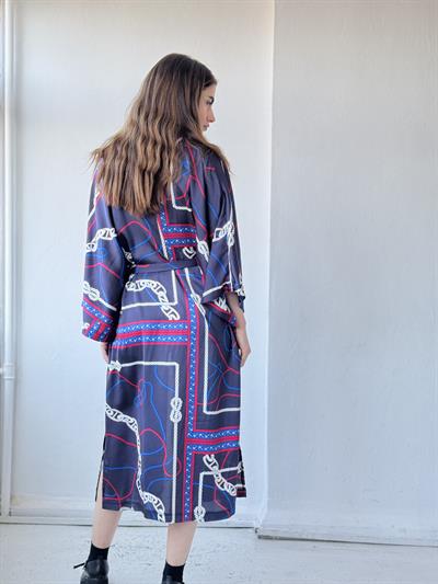 Retrobird Design Marine Chain Pattern Navy Blue Long Kimono