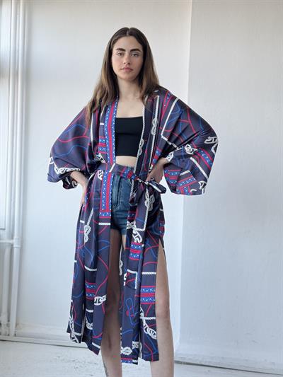 Retrobird Design Marine Chain Pattern Navy Blue Long Kimono