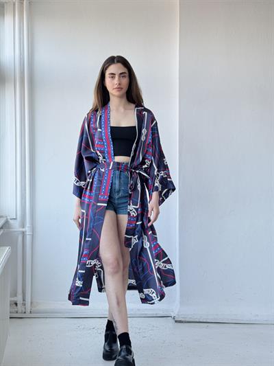 Retrobird Design Marine Chain Pattern Navy Blue Long Kimono