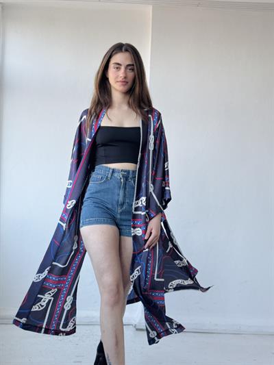 Retrobird Design Marine Chain Pattern Navy Blue Long Kimono