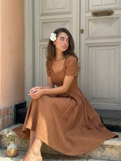 Retrobird Tasarım Matilda Tarçın Renkli Uzun Elbise