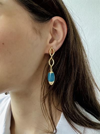 Retrobird Design Enameled Petrol Colored Brass Retro Model Earrings