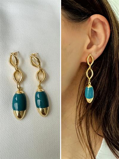 Retrobird Design Enameled Petrol Colored Brass Retro Model Earrings