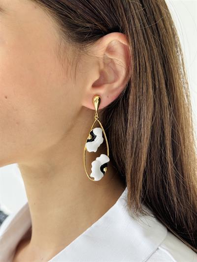 Retrobird Design Enameled Black - White Brass Retro Model Earrings