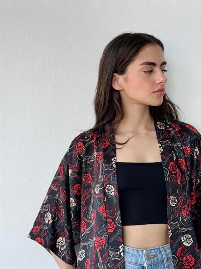 Retrobird Design Black Mini Kimono
