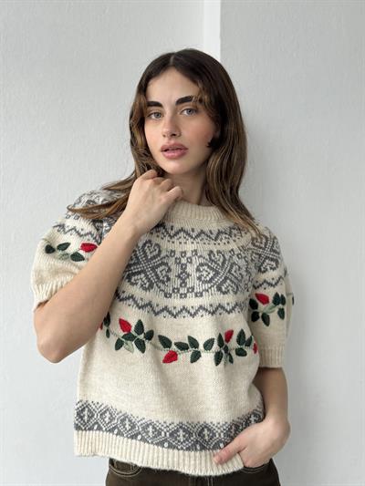 Retrobird Design Embroidered Light Cream Knit Sweater