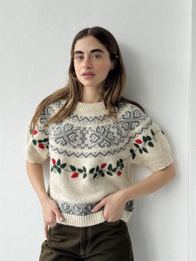 Retrobird Design Embroidered Light Cream Knit Sweater