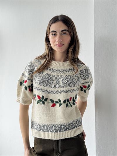 Retrobird Design Embroidered Light Cream Knit Sweater