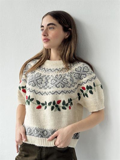 Retrobird Design Embroidered Light Cream Knit Sweater