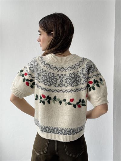 Retrobird Design Embroidered Light Cream Knit Sweater
