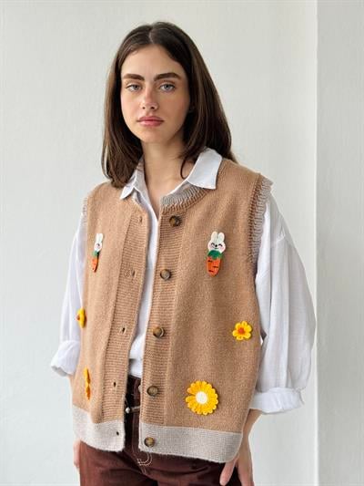 Retrobird Tasarım Nakışlı Tavşan Ayçiçeği Turuncu Kabartmalı Simli Yelek