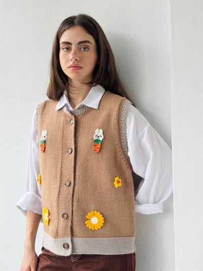 Retrobird Tasarım Nakışlı Tavşan Ayçiçeği Turuncu Kabartmalı Simli Yelek