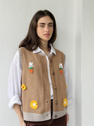 Retrobird Tasarım Nakışlı Tavşan Ayçiçeği Turuncu Kabartmalı Simli Yelek