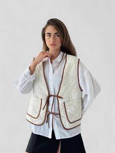 Retrobird Design Lace-Up Quilted Beige Vest
