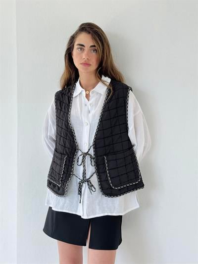 Retrobird Design Lace-Up Quilted Anthracite Vest