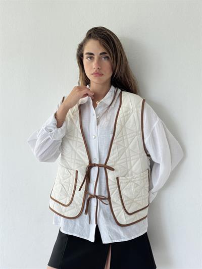 Retrobird Design Lace-Up Quilted Beige Vest