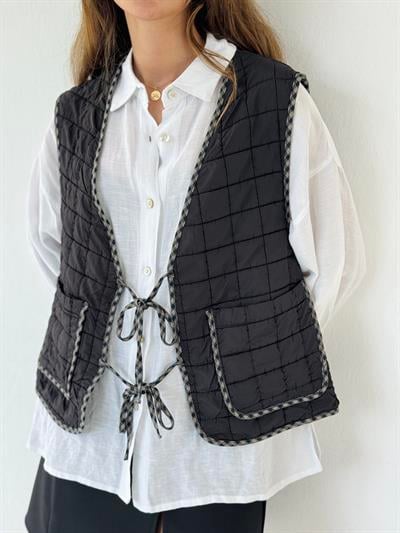Retrobird Design Lace-Up Quilted Anthracite Vest