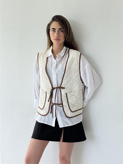 Retrobird Design Lace-Up Quilted Beige Vest