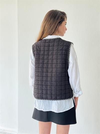 Retrobird Design Lace-Up Quilted Anthracite Vest