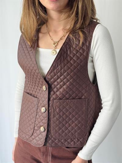 Retrobird Tasarım Önden Düğmeli Kahverengi Kapitone Yelek