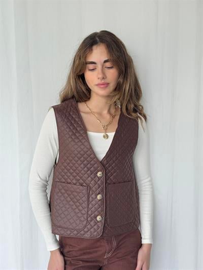 Retrobird Tasarım Önden Düğmeli Kahverengi Kapitone Yelek