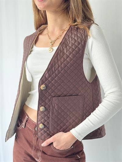 Retrobird Tasarım Önden Düğmeli Kahverengi Kapitone Yelek