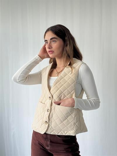 Retrobird Tasarım Önden Düğmeli Krem Kapitone Yelek