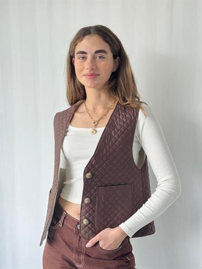 Retrobird Tasarım Önden Düğmeli Kahverengi Kapitone Yelek