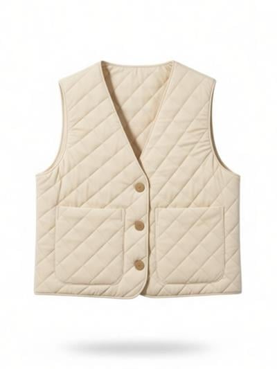 Retrobird Design Buttoned Front Cream Quilted Vest