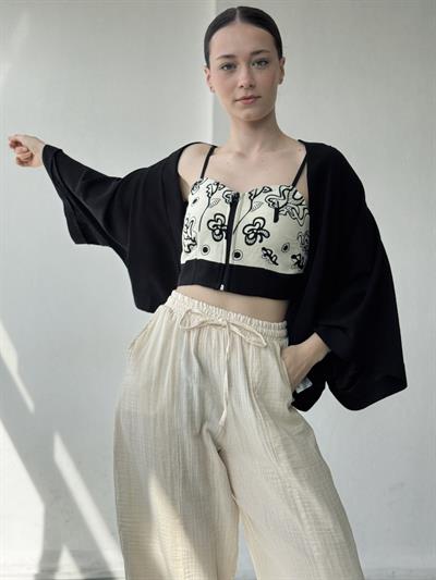 Retrobird Tasarım Krem-Siyah Önden Fermuarlı Büstiyer