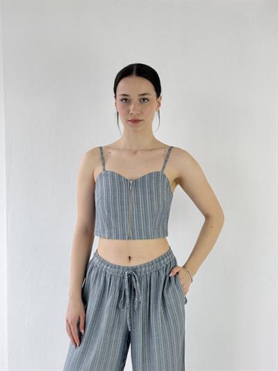 Retrobird Tasarım Önden Fermuarlı Kül Mavi Büstiyer