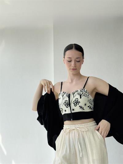 Retrobird Tasarım Krem-Siyah Önden Fermuarlı Büstiyer