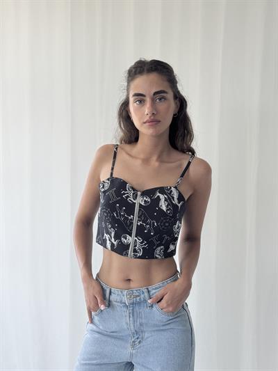 Retrobird Design Black Front Zipper Bustier