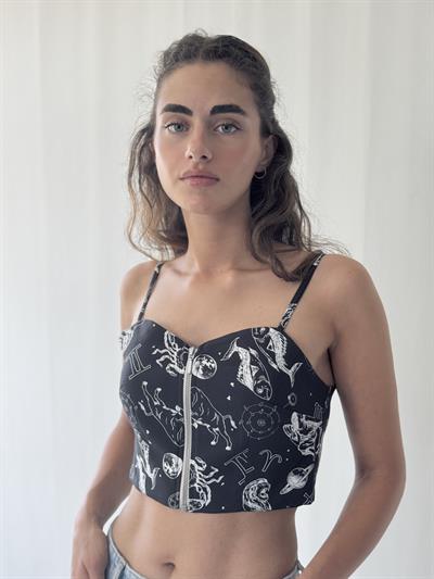 Retrobird Design Black Front Zipper Bustier