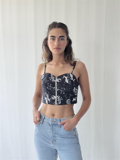 Retrobird Design Black Front Zipper Bustier