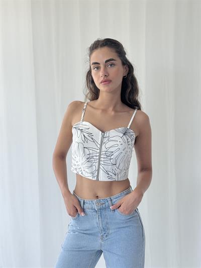 Retrobird Design Front Zippered White Bustier