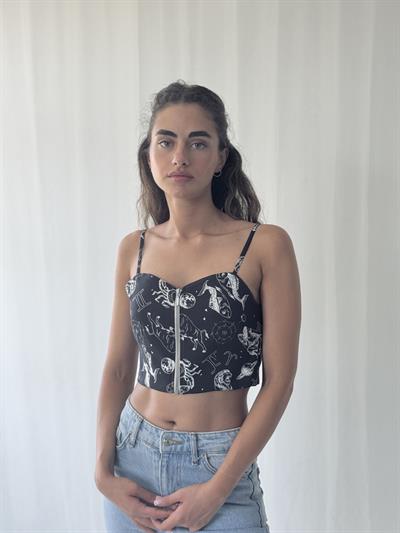 Retrobird Design Black Front Zipper Bustier