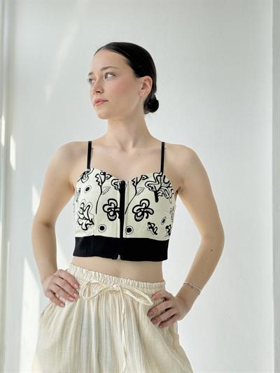 Retrobird Tasarım Krem-Siyah Önden Fermuarlı Büstiyer